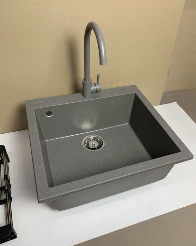 Набір кухонний Adamant Univer, штучний камінь, квадрат, без крила, 560х500х200мм, чаша - 1, врізна, сірий + змішувач + дозатор + ополіскувач склянок + коландер