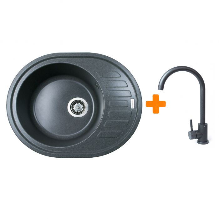 Набір кухонний Adamant Ovum, штучний камінь, овальна, з крилом, 615х495х200мм, чаша - 1, врізна, графіт + змішувач