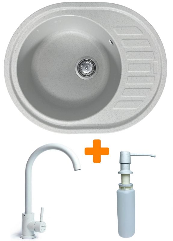 Набір кухонний Adamant Ovum, штучний камінь, овальна, з крилом, 615х495х200мм, чаша - 1, врізна, Old stone + змішувач та дозатор