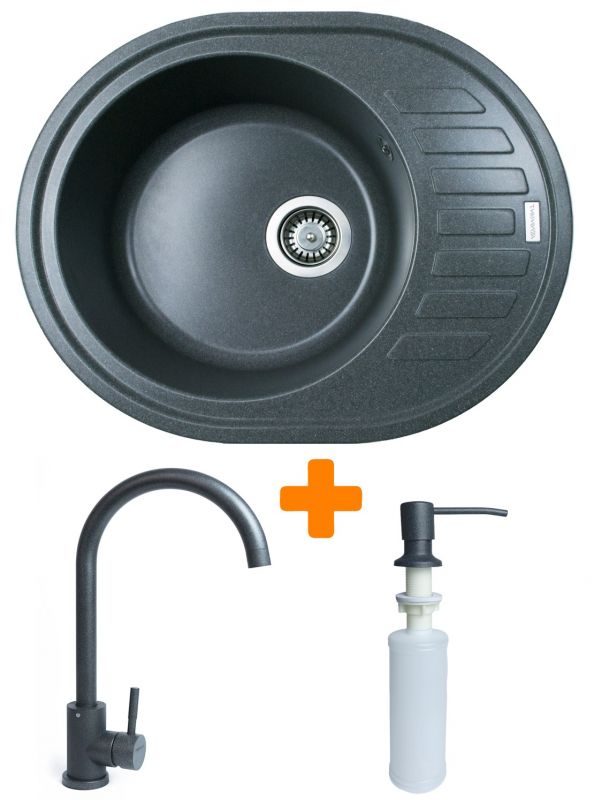 Набір кухонний Adamant Ovum, штучний камінь, овальна, з крилом, 615х495х200мм, чаша - 1, врізна, графіт + змішувач та дозатор