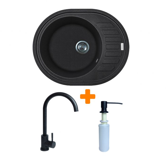 Набір кухонний Adamant Ovum, штучний камінь, овальна, з крилом, 615х495х200мм, чаша - 1, врізна, чорний + змішувач та дозатор