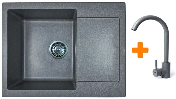 Набір кухонний Adamant Minimal, штучний камінь, прямокут., з крилом, 615х495х200мм, чаша - 1, врізна, сірий + змішувач
