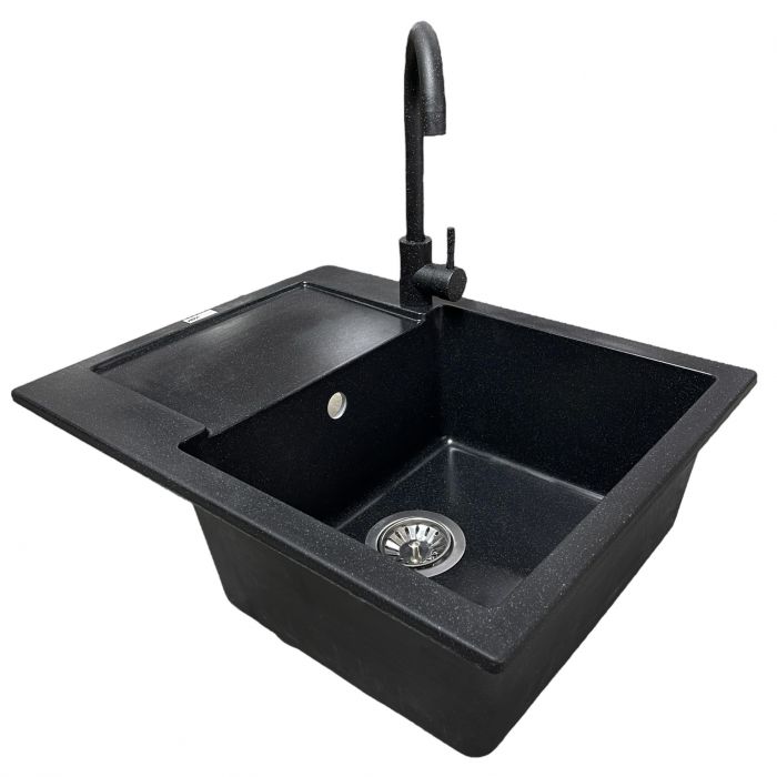 Набір кухонний Adamant Minimal, штучний камінь, прямокут., з крилом, 615х495х200мм, чаша - 1, врізна, чорний + змішувач