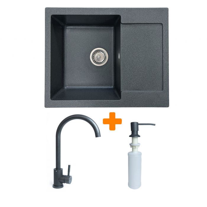 Набір кухонний Adamant Minimal, штучний камінь, прямокут., з крилом, 615х495х200мм, чаша - 1, врізна, графіт + змішувач та дозатор
