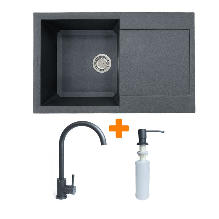 Набір кухонний Adamant Horizon, штучний камінь, прямокут., з крилом, 780х495х230мм, чаша - 1, врізна, графіт + змішувач та дозатор