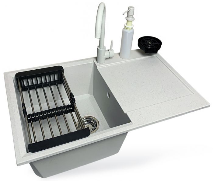 Набір кухонний Adamant Horizon, штучний камінь, прямокут., з крилом, 780х495х230мм, чаша - 1, врізна, Old stone + змішувач + дозатор + ополіскувач склянок + коландер
