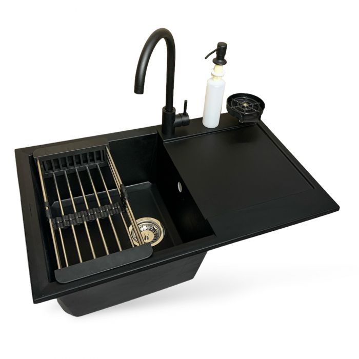 Набір кухонний Adamant Horizon, штучний камінь, прямокут., з крилом, 780х495х230мм, чаша - 1, врізна, антрацит + змішувач + дозатор + ополіскувач склянок + коландер