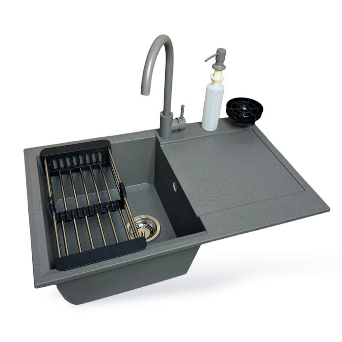 Набір кухонний Adamant Horizon, штучний камінь, прямокут., з крилом, 780х495х230мм, чаша - 1, врізна, сірий + змішувач та дозатор