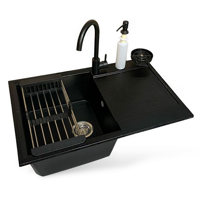 Набір кухонний Adamant Horizon, штучний камінь, прямокут., з крилом, 780х495х230мм, чаша - 1, врізна, чорний + змішувач + дозатор + ополіскувач склянок + коландер