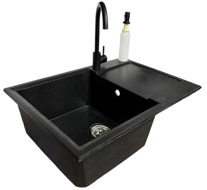 Набір кухонний Adamant Horizon Medium, штучний камінь, прямокут., з крилом, 700х500х230мм, чаша - 1, врізна, чорний + змішувач та дозатор
