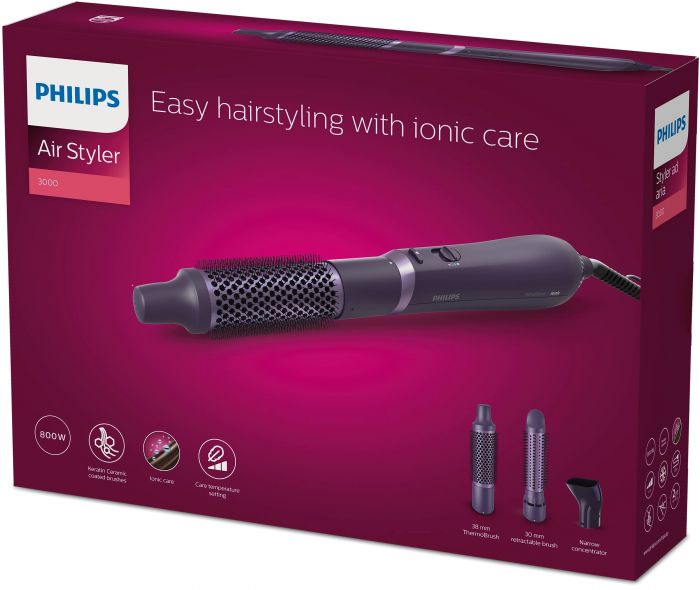 Фен-щітка Philips 3000 Series, 800Вт, іонізація, 3 насадки, фіолетовий