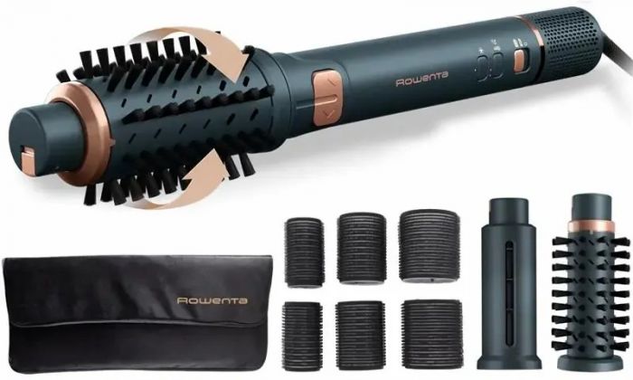 Фен-щітка Rowenta Air Rotate, 1300Вт, 4 режими, іоніз-я, хол. обдув, функція фену, 3 насадки, кераміка, чорно-золотий