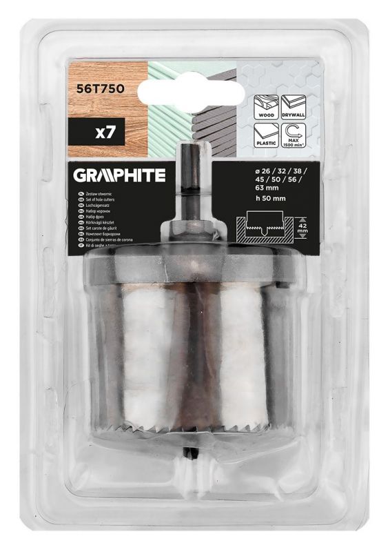 Коронки по дереву GRAPHITE 26-63х50мм 7шт