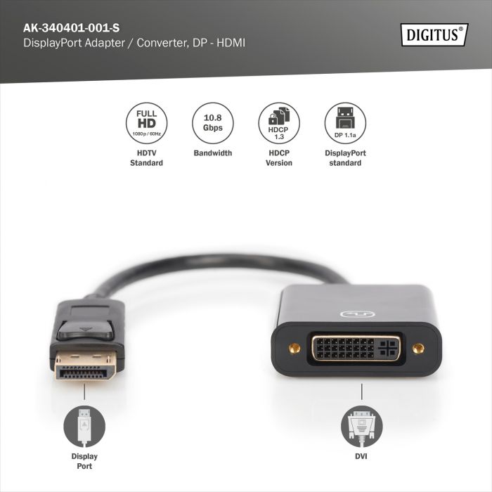 Адаптер DIGITUS DP 1.1 - DVI Full HD, M/F, 0.15м