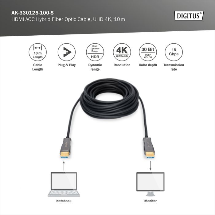 Кабель DIGITUS HDMI UHD 4K, AOC hybrid-fiber, type A M/M, 10м, чорний