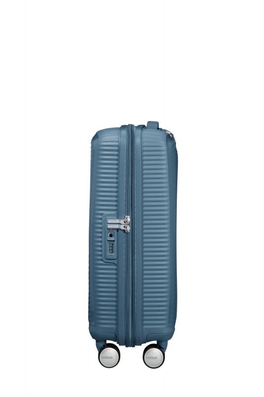Валіза American Tourister, Soundbox, поліпропілен, мала, 55см, 35.5/41л, TSA, 4 колеса, EXP, сіро-синій