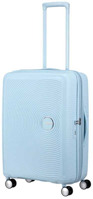 Валіза American Tourister, Soundbox, поліпропілен, середня, 67см, 71.5/81л, TSA, 4 колеса, EXP, пастельно-блакитний