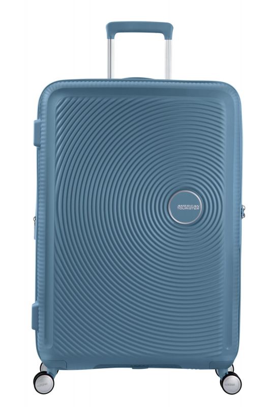 Валіза American Tourister, Soundbox, поліпропілен, велика, 77см,  97/110л, TSA, 4 колеса, EXP, сіро-синій