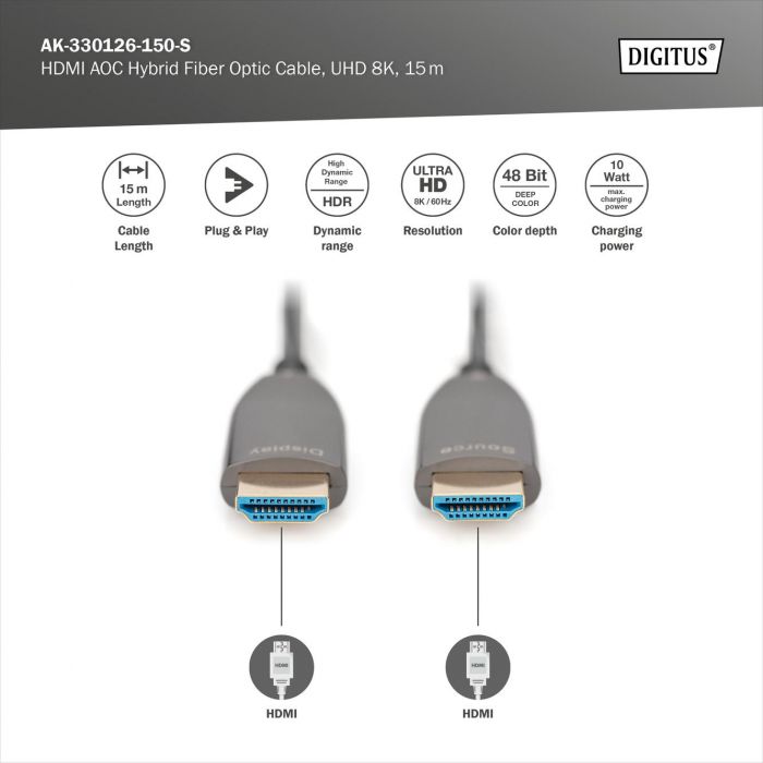 Кабель DIGITUS HDMI UHD 8K, AOC hybrid-fiber, type A M/M, 15м, чорний