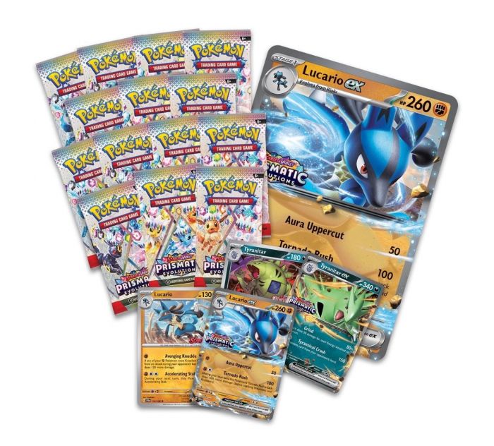 Колекційна карткова гра Pokemon: Scarlet & Violet Prismatic Evolutions. Lucario Ex & Tyranitar Ex Premium Collection Box
