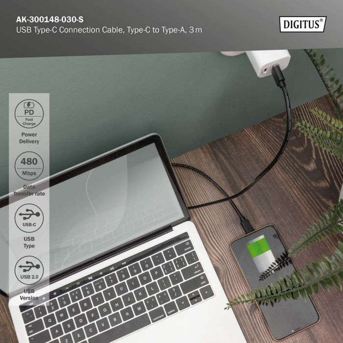 Кабель DIGITUS USB-A > USB-C заряджання/синхронізації, USB 2.0, M/M, 3м, чорний