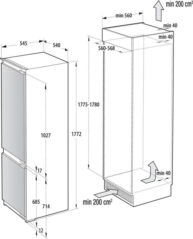 Холодильник Gorenje вбудований з нижн. мороз., 177x54x55см, 2 двері,244(68)л, А+, NF+, Зона св-ті, Диспл, Wi-Fi, Біли