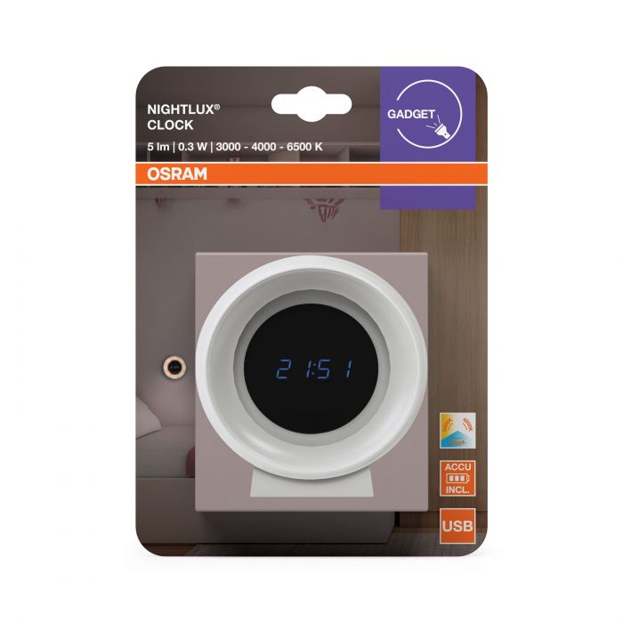 Світильник нічник з акумулятором OSRAM NIGHTLUX CLOCK 0.3Вт 3000/4000/6500К 5Лм 1000мА•год годинник USB-A > microUSB білий