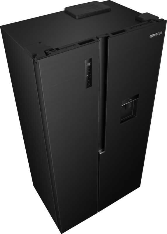 Холодильник SBS Gorenje, 179х62х92см, 2 двері, 344(197)л, А+, NF+, Інв., Зона св-ті, диспенсер, генератор льоду, Зовн. Диспл, чорний
