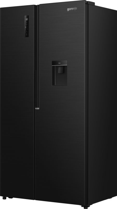 Холодильник SBS Gorenje, 179х62х92см, 2 двері, 344(197)л, А+, NF+, Інв., Зона св-ті, диспенсер, генератор льоду, Зовн. Диспл, чорний