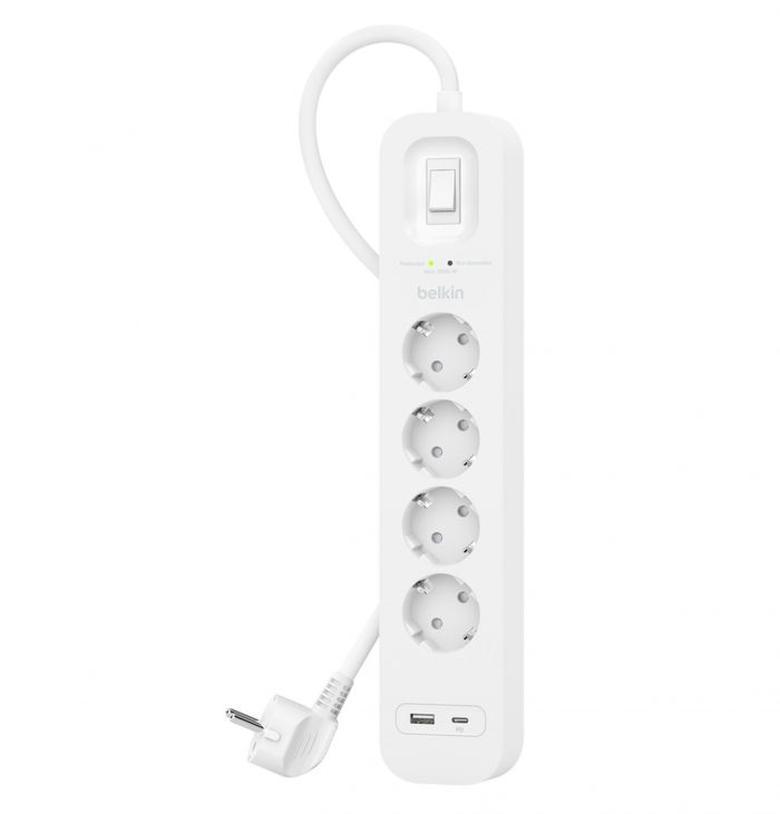 Подовжувач мережевий Belkin 2м, 4хТипF, 16А, USB-A/USB-C 18Вт, фільтр, білий