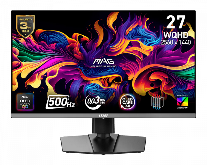 Монітор MSI 26.5" MAG 272QP QD-OLED-X50 2xHDMI, DP, USB-C, Audio, QD-OLED, 2560x1440, 500Hz, 0.03ms, DCI-P3 99%, FreeSync, Pivot, HDR500