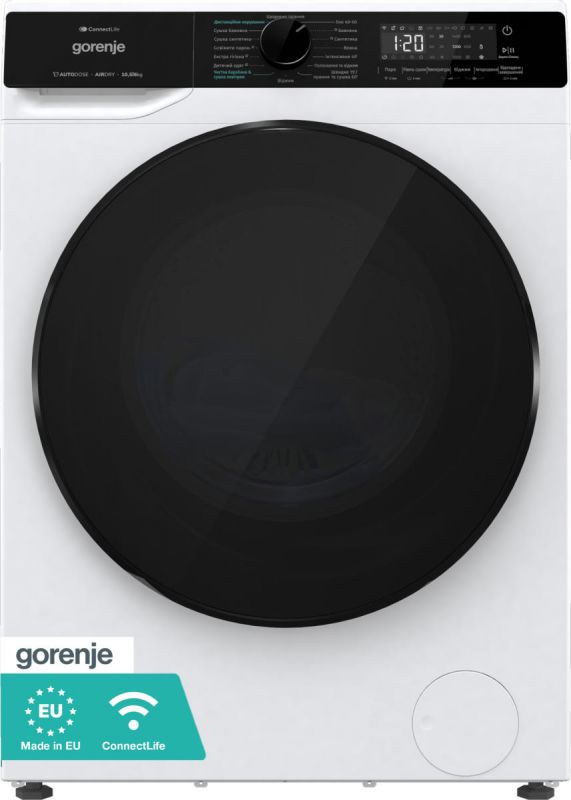 Прально-сушильна машина Gorenje фронтальна, 10.5(6)кг, 1400, A+, 60см, дисплей, пара, інвертор, Wi-Fi, білий