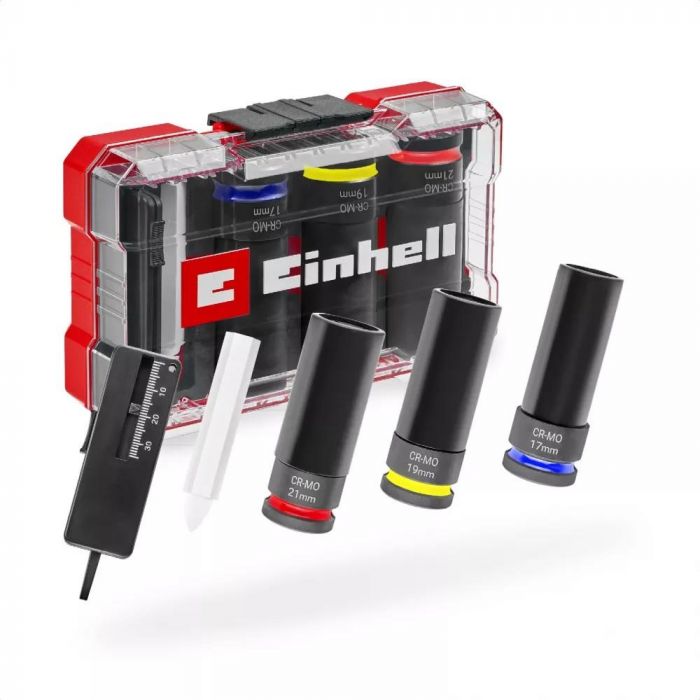 Набір ударних торцевих головок Einhell 80мм 1/2" крейда, вимірювач протектора кейс 3шт