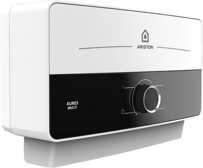 Водонагрівач електр. Ariston AURES M 7 EU проточний, 5л.хв, 7кВт, гор-ний монтаж, мех. кер-ння, A, біло-чорний