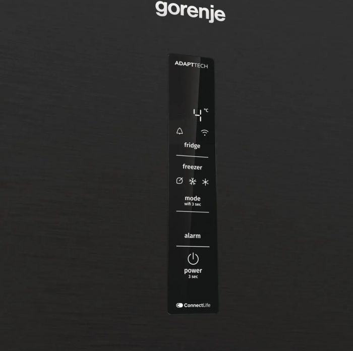 Холодильник з нижн. мороз. камерою Gorenje, 203х66х60см, 2 двері, 257(121)л, А+, Total NF, Зона св-ті, Інвертор, Зовн. Дисп, Wi-Fi, чорний