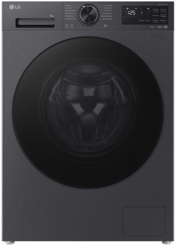 Стиральная машина LG фронтальная, 8кг, 1200, A, 48см, дисплей, пар, инвертор, чорний матовий