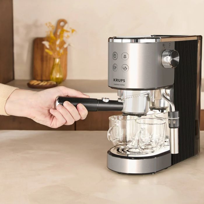 Кавоварка Krups ріжкова Virtuoso+ Tamping System 1л, мелена, ручний капучинатор, 15 бар, сірий