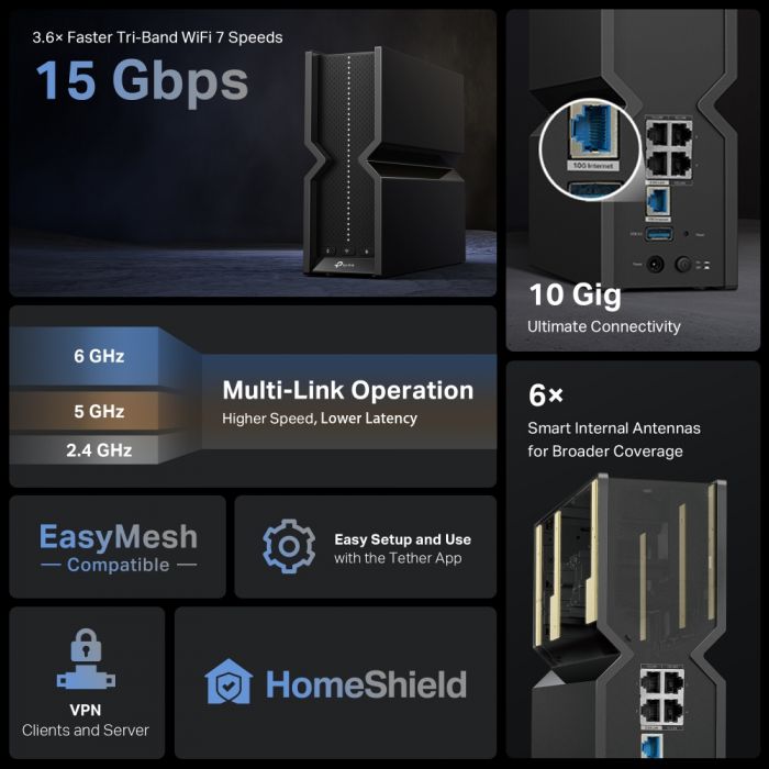Маршрутизатор TP-LINK Archer BE700 BE15000, 3xGE LAN, 1x2.5GE LAN, 1x10GE WAN, 1xUSB3.0 MESH