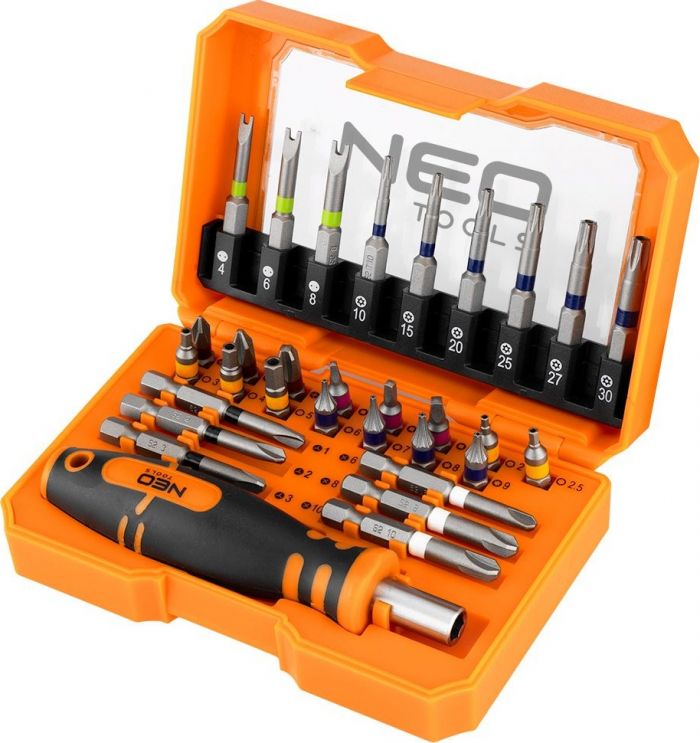 Біти Neo Tools 1/4", бітотримач, PH,R,HT,TT, кейс набір 31шт