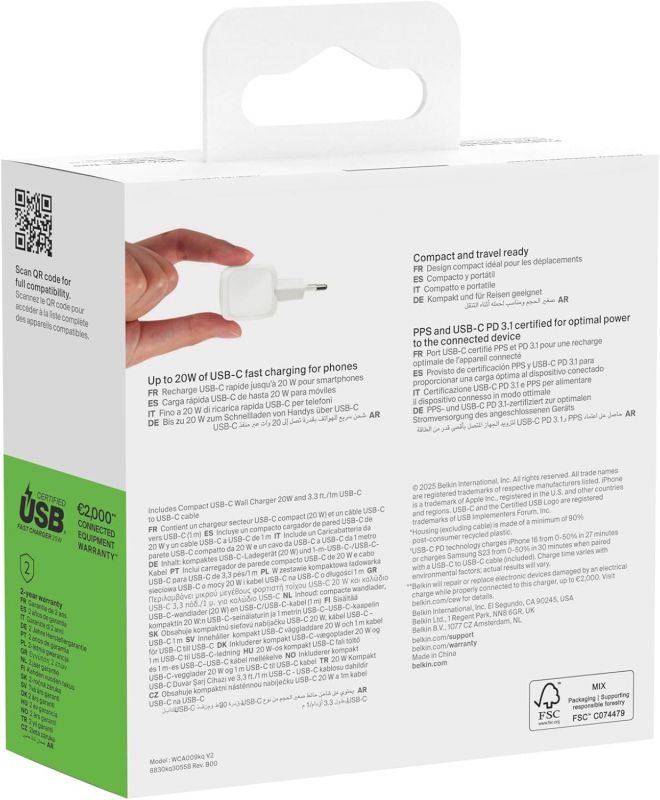 Зарядний пристрій мережевий Belkin 20Вт USB-С PD PPS, кабель USB-С > USB-C, 1м, PVC, білий
