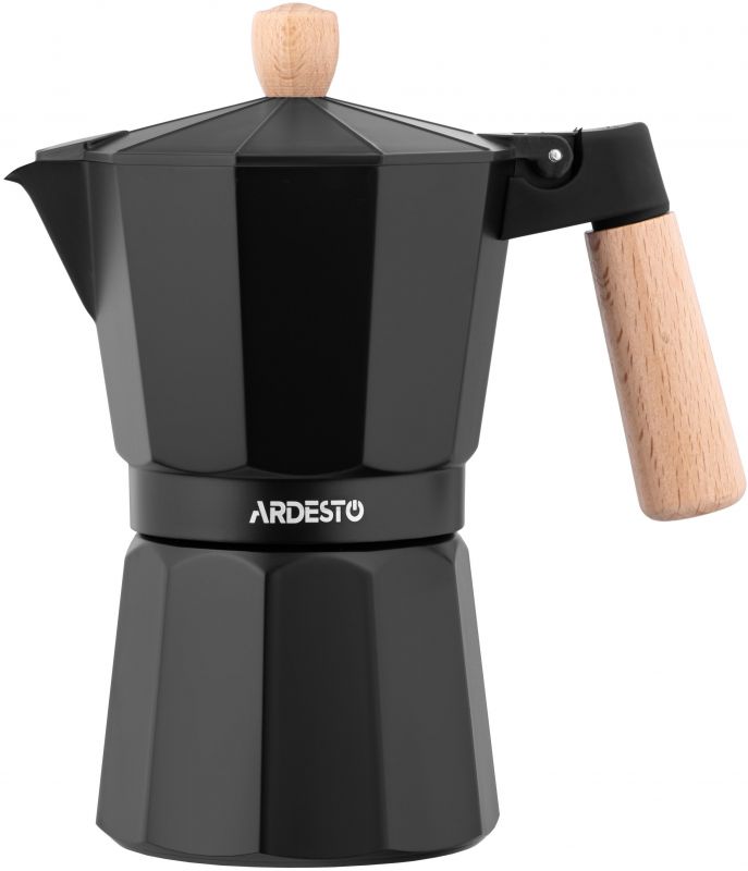Гейзерна кавоварка Ardesto Midori, 240мл, 6 чашки, алюміній, бамбук