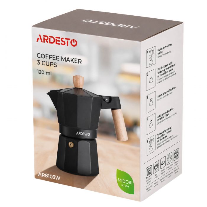 Гейзерна кавоварка Ardesto Midori, 120мл, 3 чашки, алюміній, бамбук