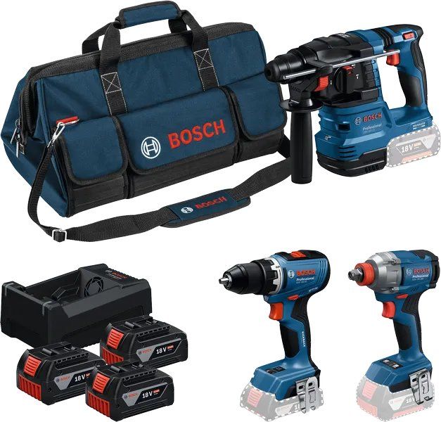 Набір із трьох акумуляторних інструментів Bosch Professional дриль-шурупокрут GSR 18V-65, перфоратор GBH 18V-22, гайковерт ударний GDX 18V-285 акб 3x5А·год, ЗП, сумка M-BAG
