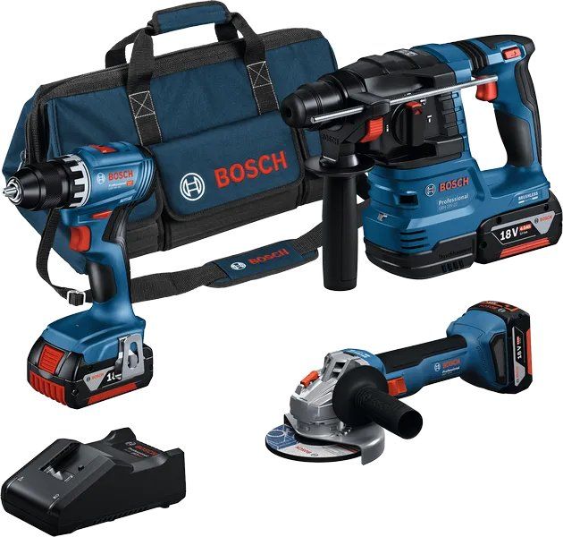Набір із трьох акумуляторних інструментів Bosch Professional дриль-шурупокрут GSR 18V-45, перфоратор GBH 18V-22, Шліфмашина кутова GWS 18V-8 акб 3x4А·год, ЗП, сумка M-BAG