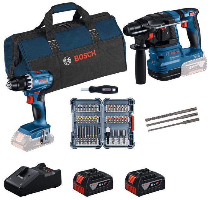 Набір акумуляторних інструментів Bosch Professional 18В дриль-шурупокрут GSR 18V-45, перфоратор GBH 18V-22, набір біт і бурів, акб 2x4А·год, ЗП, сумка