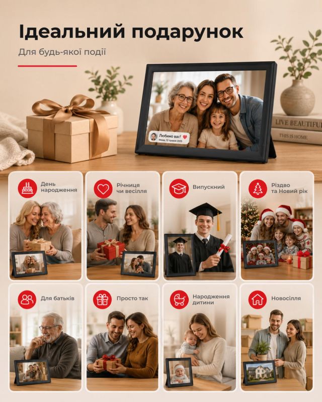 Цифрова фоторамка 2E DPF15-BK 15.6", IPS, FHD, 1GB, 32GB, динаміки 2x2Вт, ПЗ Frameo, сенсорний екран, WiFi, чорна