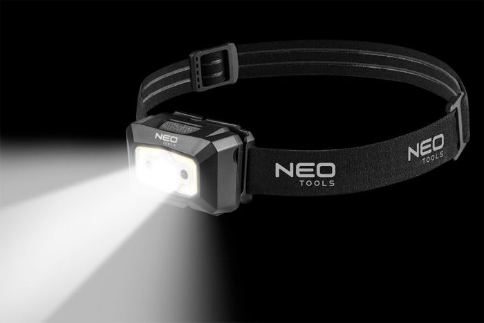 Ліхтар налобний NEO, 250 люмен, 3Вт, USB, 1200 мАг, COB+XPE LED, 5 функцій освітлення, червоне світло, датчик руху, індикатор заряду