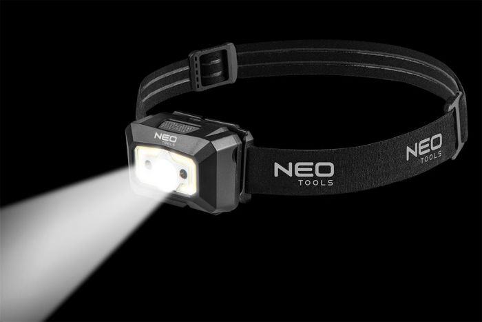 Ліхтар налобний NEO, 250 люмен, 3Вт, USB, 1200 мАг, COB+XPE LED, 5 функцій освітлення, червоне світло, датчик руху, індикатор заряду