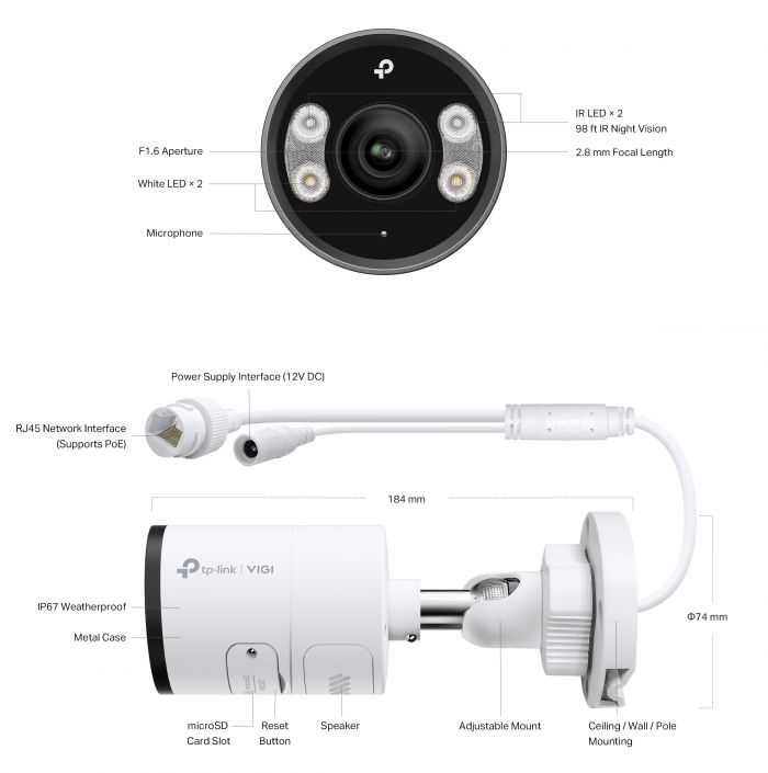 IP-Камера TP-LINK VIGI C345-2,8, PoE, 4Мп, 2,8 мм, H265+, IP66, Bullet, кольорове нічне бачення, зовнішня
