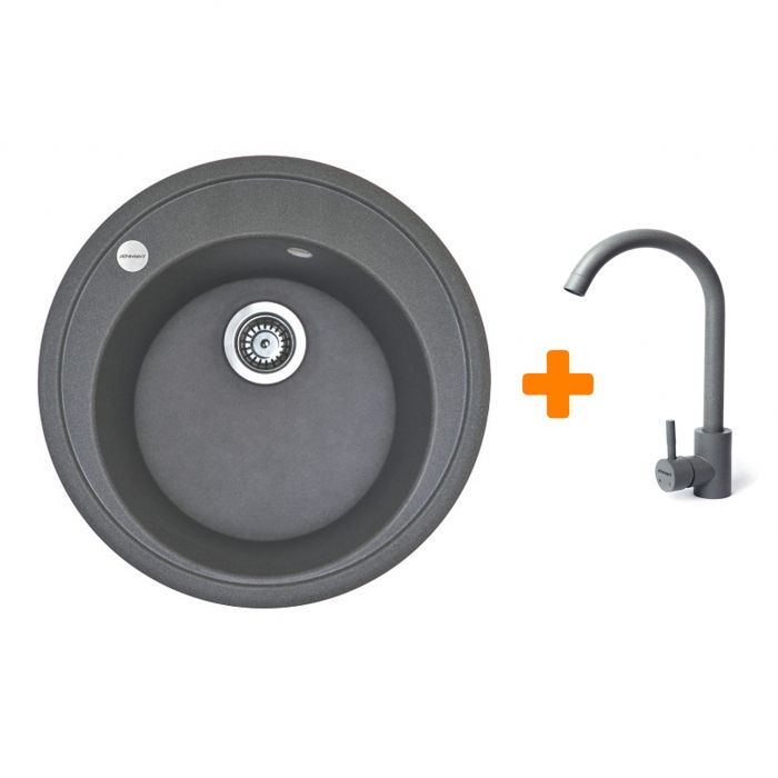 Набір кухонна Adamant Sun, штучний камінь, кругла, без крила, 510x200мм, чаша - 1, врізна, сірий + змішувач